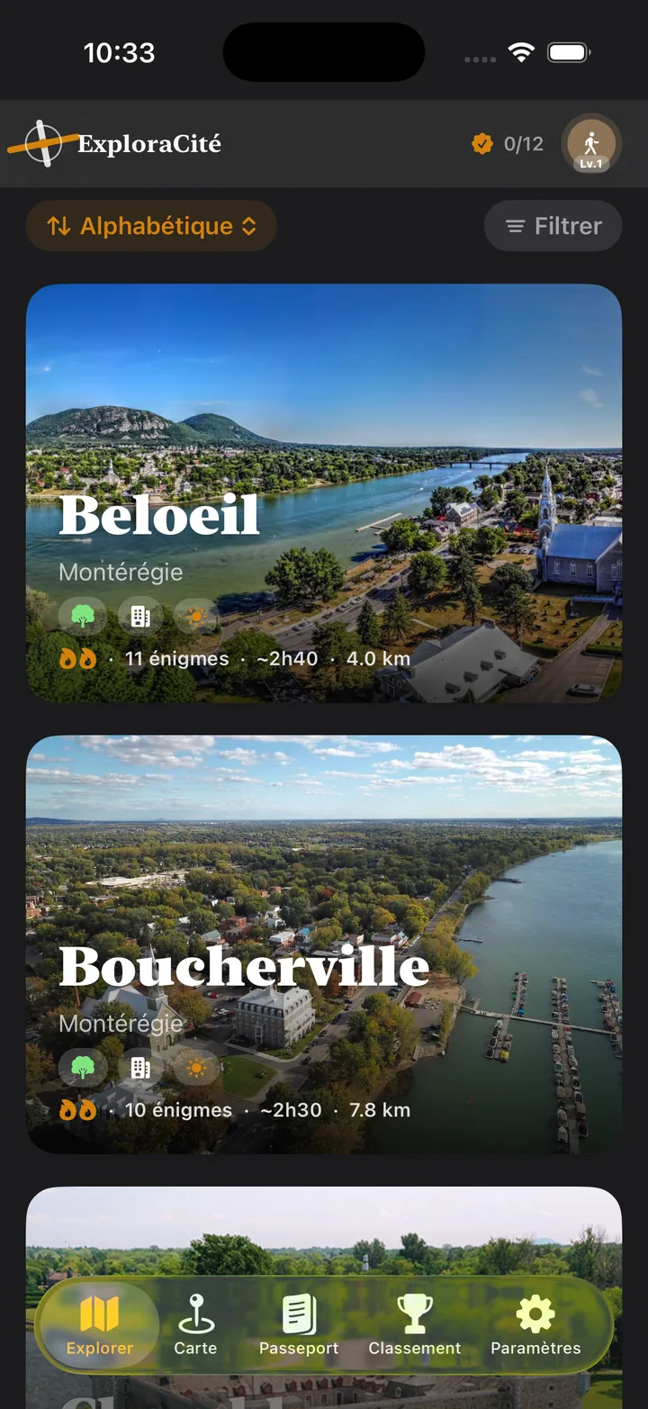 Capture de l’application ExploraCité : le catalogue