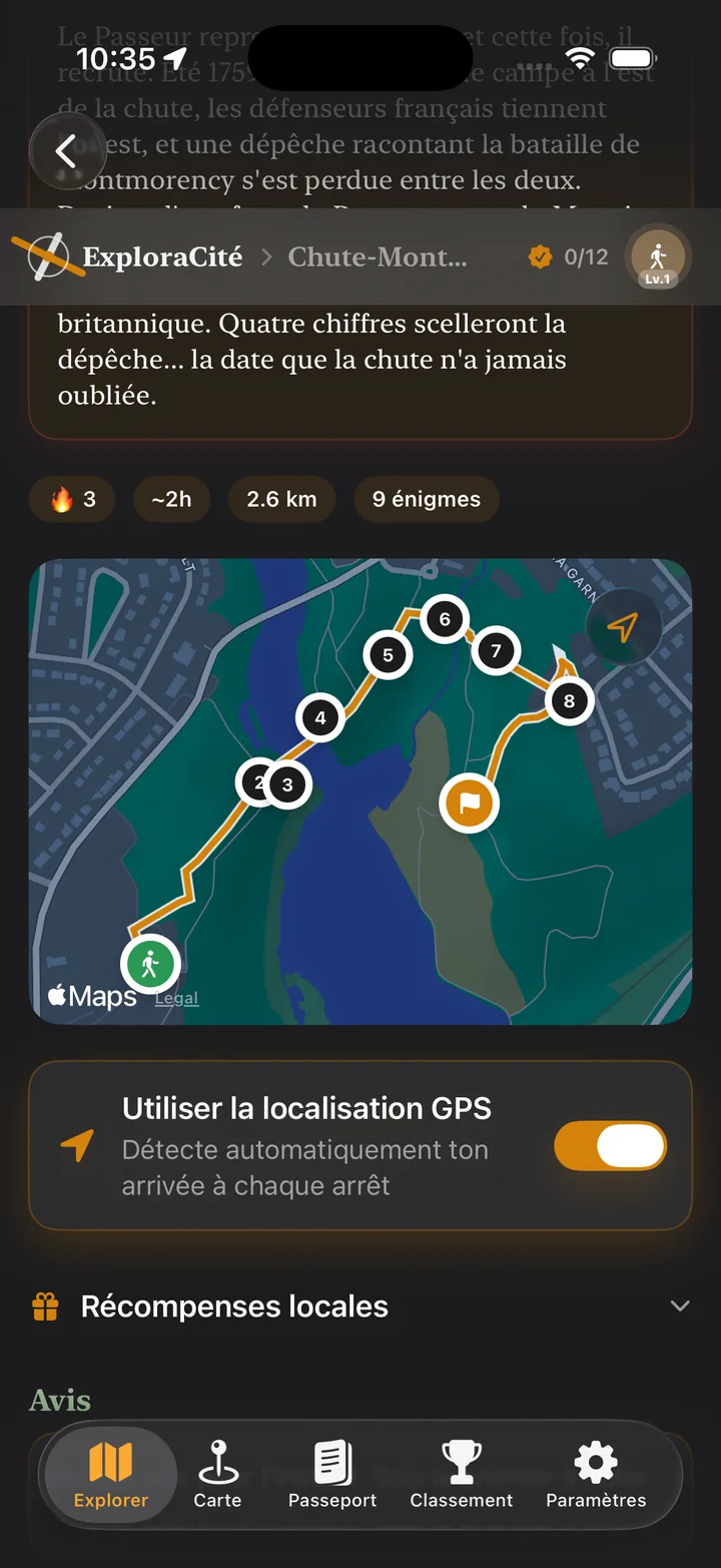 Capture de l’application ExploraCité : la fiche d’un parcours